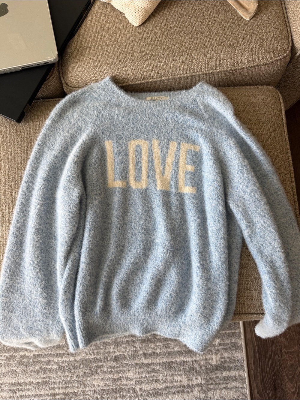 Z Supply Light Blue Fuzzy 'LOVE' Crewneck Sweater